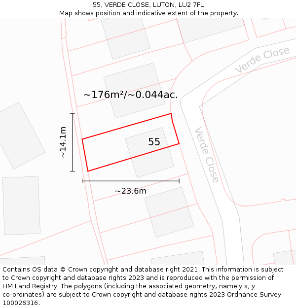 55, VERDE CLOSE, LUTON, LU2 7FL: Plot and title map