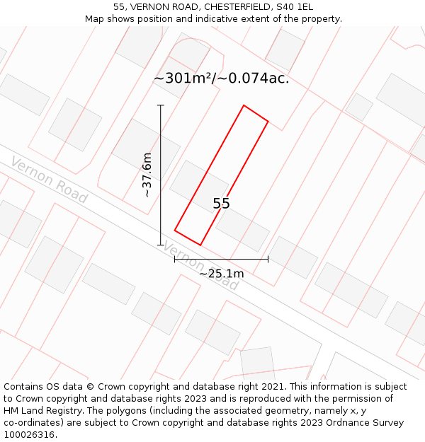 55, VERNON ROAD, CHESTERFIELD, S40 1EL: Plot and title map