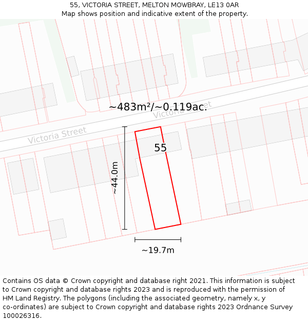 55, VICTORIA STREET, MELTON MOWBRAY, LE13 0AR: Plot and title map