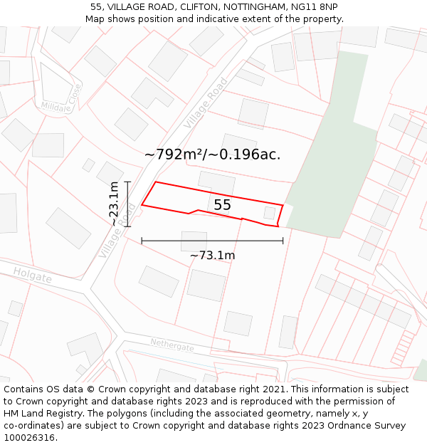 55, VILLAGE ROAD, CLIFTON, NOTTINGHAM, NG11 8NP: Plot and title map