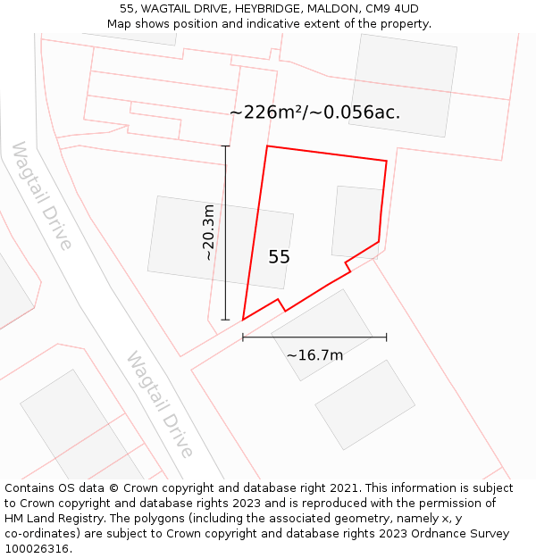 55, WAGTAIL DRIVE, HEYBRIDGE, MALDON, CM9 4UD: Plot and title map