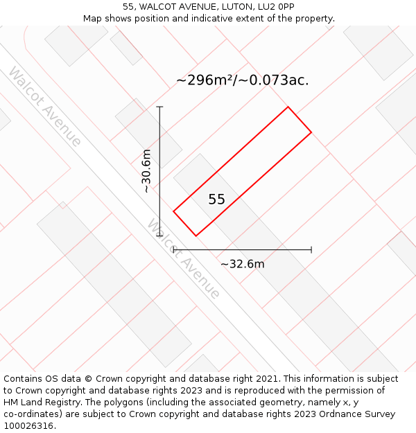 55, WALCOT AVENUE, LUTON, LU2 0PP: Plot and title map