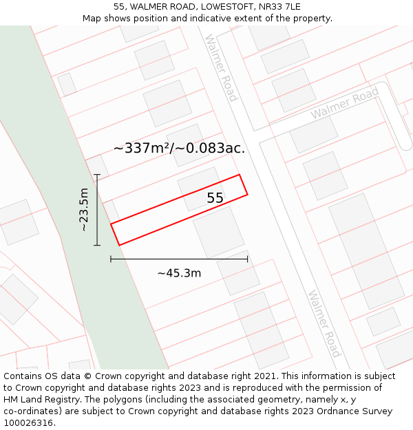 55, WALMER ROAD, LOWESTOFT, NR33 7LE: Plot and title map