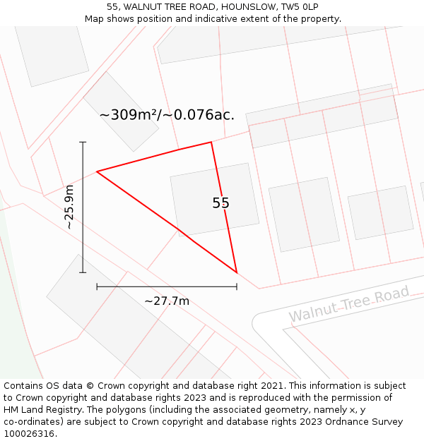 55, WALNUT TREE ROAD, HOUNSLOW, TW5 0LP: Plot and title map