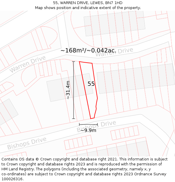 55, WARREN DRIVE, LEWES, BN7 1HD: Plot and title map