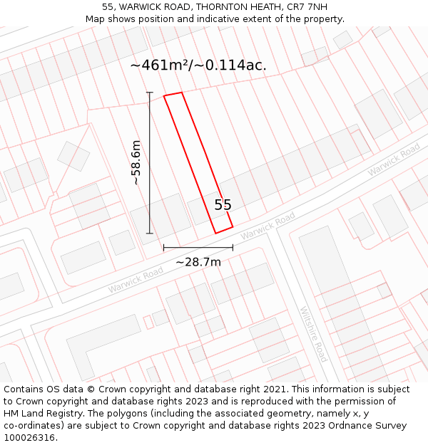 55, WARWICK ROAD, THORNTON HEATH, CR7 7NH: Plot and title map