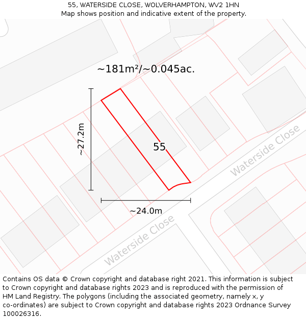 55, WATERSIDE CLOSE, WOLVERHAMPTON, WV2 1HN: Plot and title map