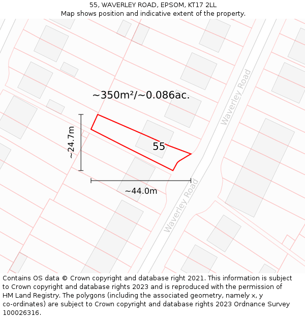 55, WAVERLEY ROAD, EPSOM, KT17 2LL: Plot and title map