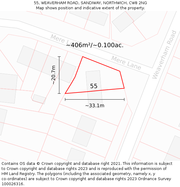 55, WEAVERHAM ROAD, SANDIWAY, NORTHWICH, CW8 2NG: Plot and title map