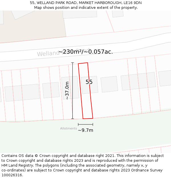 55, WELLAND PARK ROAD, MARKET HARBOROUGH, LE16 9DN: Plot and title map