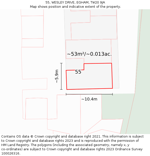 55, WESLEY DRIVE, EGHAM, TW20 9JA: Plot and title map