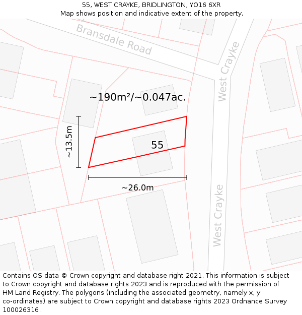 55, WEST CRAYKE, BRIDLINGTON, YO16 6XR: Plot and title map