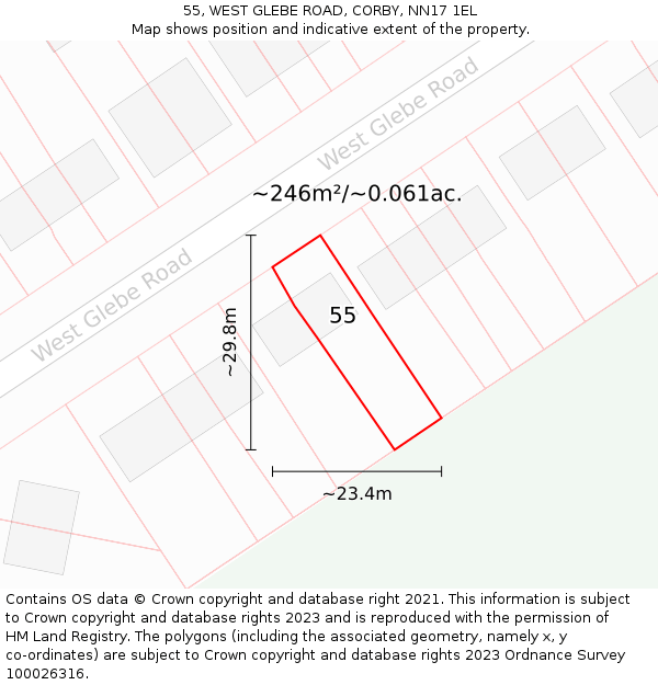 55, WEST GLEBE ROAD, CORBY, NN17 1EL: Plot and title map