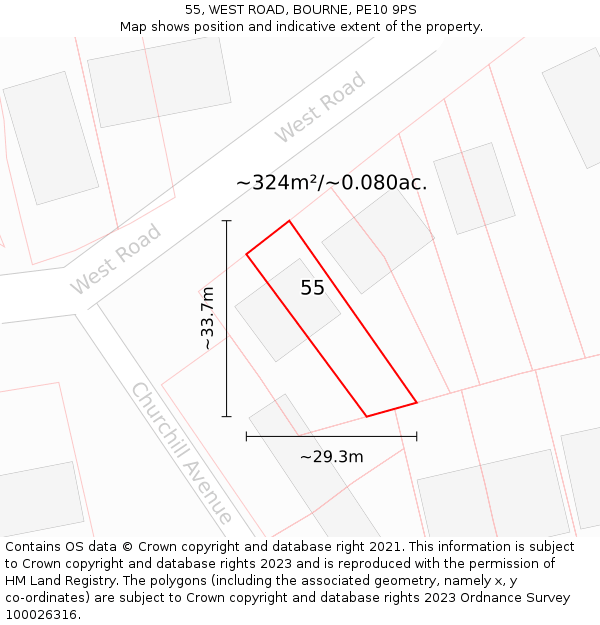 55, WEST ROAD, BOURNE, PE10 9PS: Plot and title map
