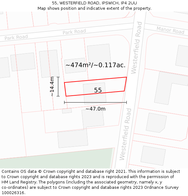 55, WESTERFIELD ROAD, IPSWICH, IP4 2UU: Plot and title map