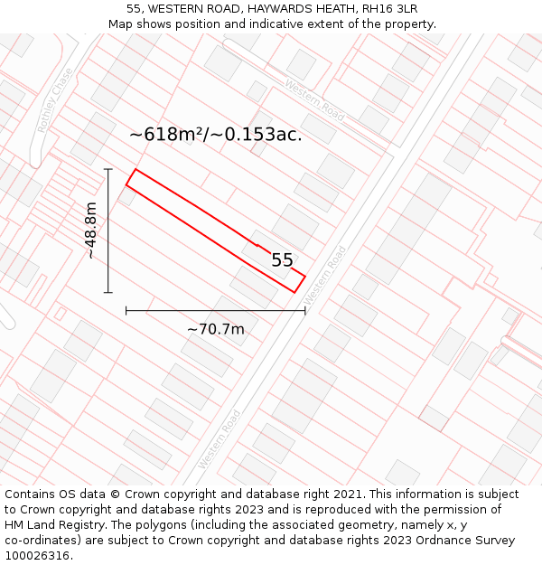 55, WESTERN ROAD, HAYWARDS HEATH, RH16 3LR: Plot and title map