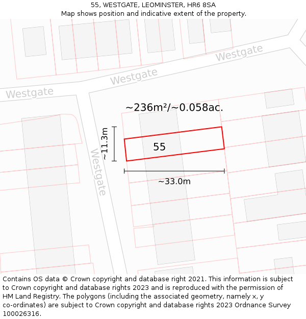 55, WESTGATE, LEOMINSTER, HR6 8SA: Plot and title map