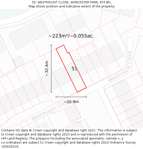 55, WESTMOUNT CLOSE, WORCESTER PARK, KT4 8FL: Plot and title map