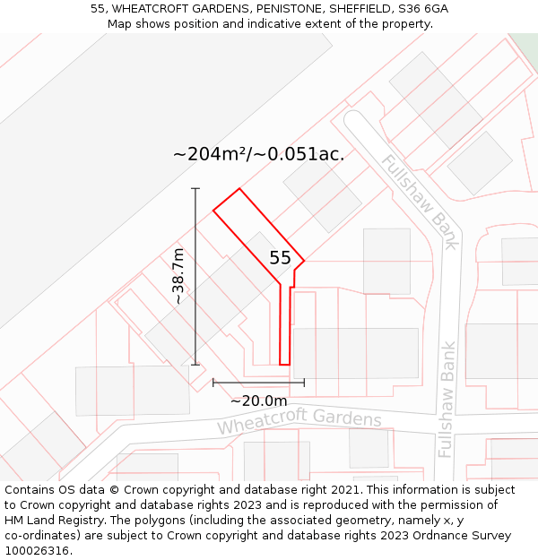 55, WHEATCROFT GARDENS, PENISTONE, SHEFFIELD, S36 6GA: Plot and title map