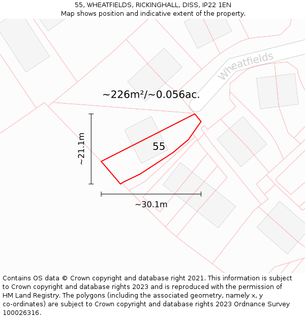 55, WHEATFIELDS, RICKINGHALL, DISS, IP22 1EN: Plot and title map