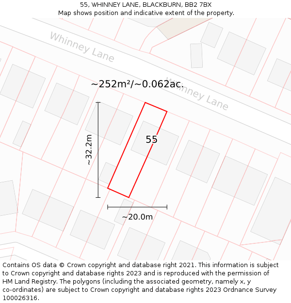 55, WHINNEY LANE, BLACKBURN, BB2 7BX: Plot and title map
