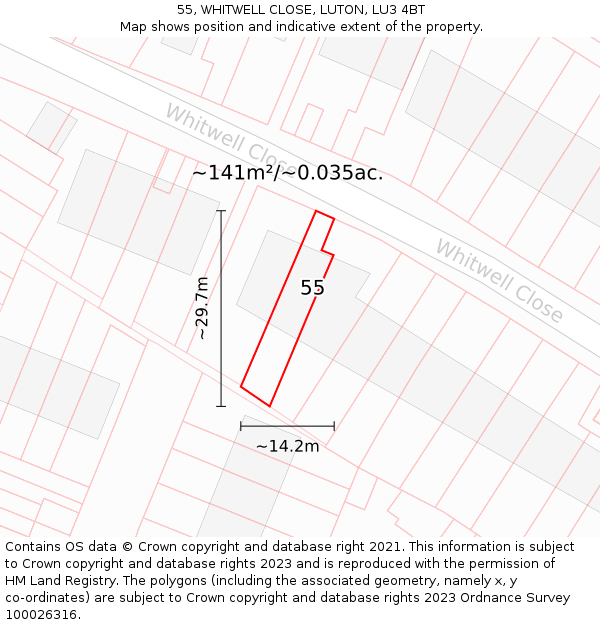 55, WHITWELL CLOSE, LUTON, LU3 4BT: Plot and title map