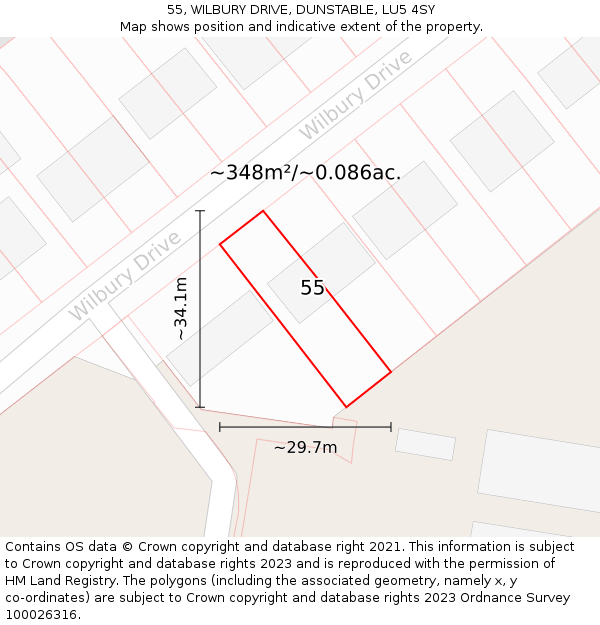 55, WILBURY DRIVE, DUNSTABLE, LU5 4SY: Plot and title map