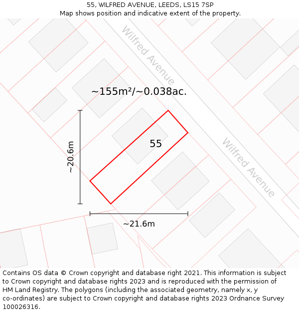 55, WILFRED AVENUE, LEEDS, LS15 7SP: Plot and title map