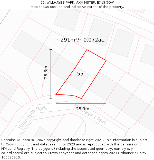 55, WILLHAYES PARK, AXMINSTER, EX13 5QW: Plot and title map