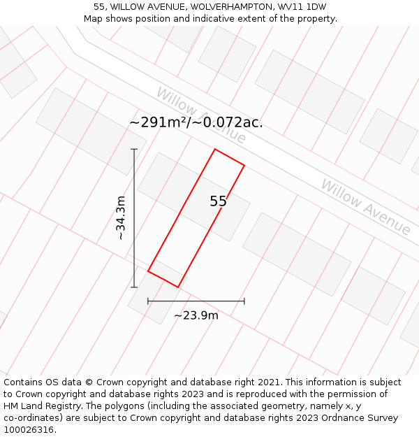 55, WILLOW AVENUE, WOLVERHAMPTON, WV11 1DW: Plot and title map