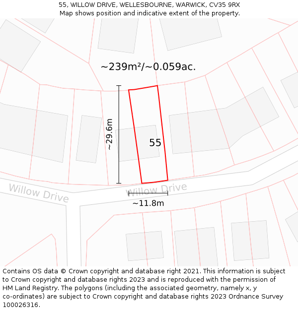 55, WILLOW DRIVE, WELLESBOURNE, WARWICK, CV35 9RX: Plot and title map