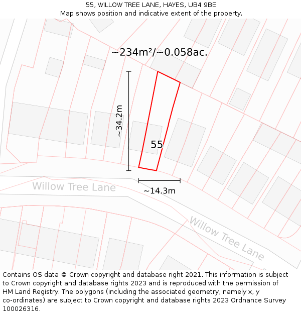 55, WILLOW TREE LANE, HAYES, UB4 9BE: Plot and title map