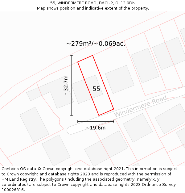 55, WINDERMERE ROAD, BACUP, OL13 9DN: Plot and title map