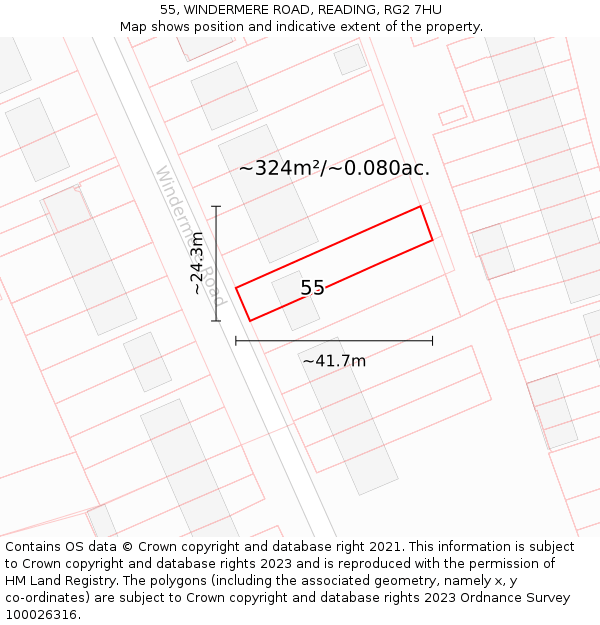 55, WINDERMERE ROAD, READING, RG2 7HU: Plot and title map