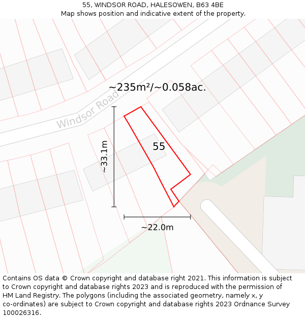 55, WINDSOR ROAD, HALESOWEN, B63 4BE: Plot and title map