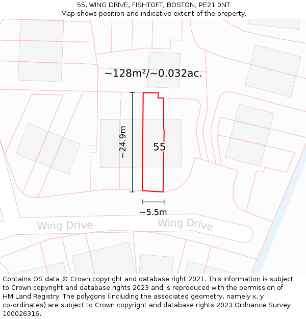55, WING DRIVE, FISHTOFT, BOSTON, PE21 0NT: Plot and title map
