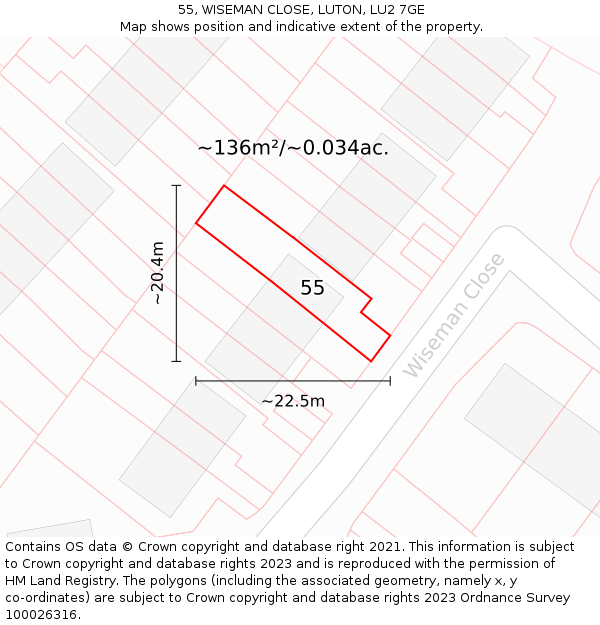 55, WISEMAN CLOSE, LUTON, LU2 7GE: Plot and title map