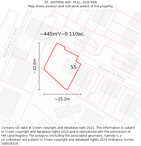 55, WISTERIA WAY, HULL, HU8 9WA: Plot and title map