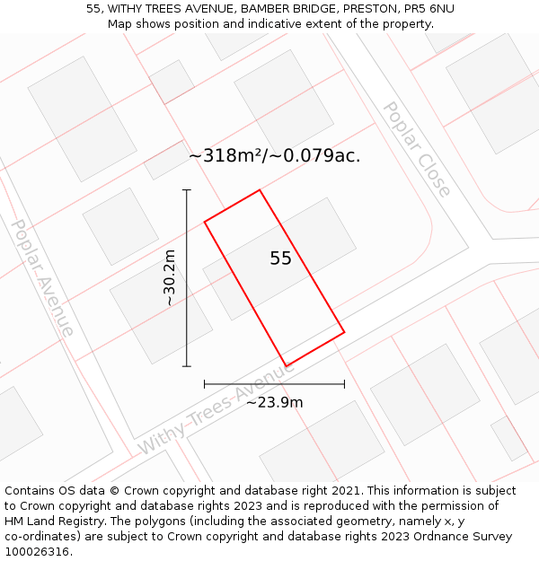 55, WITHY TREES AVENUE, BAMBER BRIDGE, PRESTON, PR5 6NU: Plot and title map