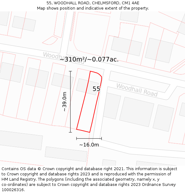 55, WOODHALL ROAD, CHELMSFORD, CM1 4AE: Plot and title map