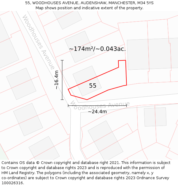 55, WOODHOUSES AVENUE, AUDENSHAW, MANCHESTER, M34 5YS: Plot and title map