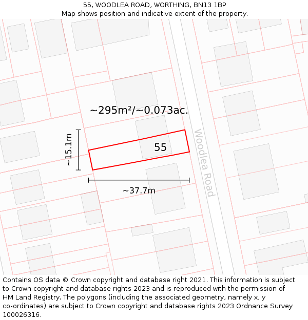 55, WOODLEA ROAD, WORTHING, BN13 1BP: Plot and title map