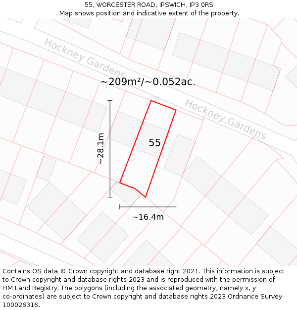 55, WORCESTER ROAD, IPSWICH, IP3 0RS: Plot and title map