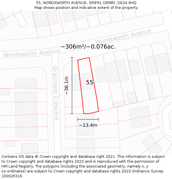 55, WORDSWORTH AVENUE, SINFIN, DERBY, DE24 9HQ: Plot and title map