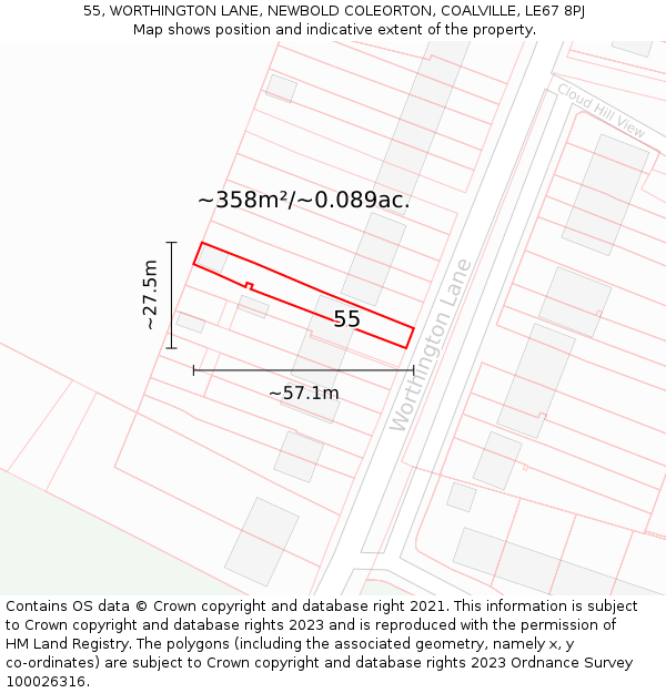 55, WORTHINGTON LANE, NEWBOLD COLEORTON, COALVILLE, LE67 8PJ: Plot and title map