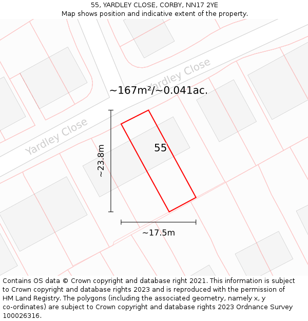 55, YARDLEY CLOSE, CORBY, NN17 2YE: Plot and title map