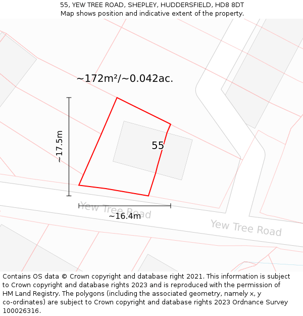 55, YEW TREE ROAD, SHEPLEY, HUDDERSFIELD, HD8 8DT: Plot and title map