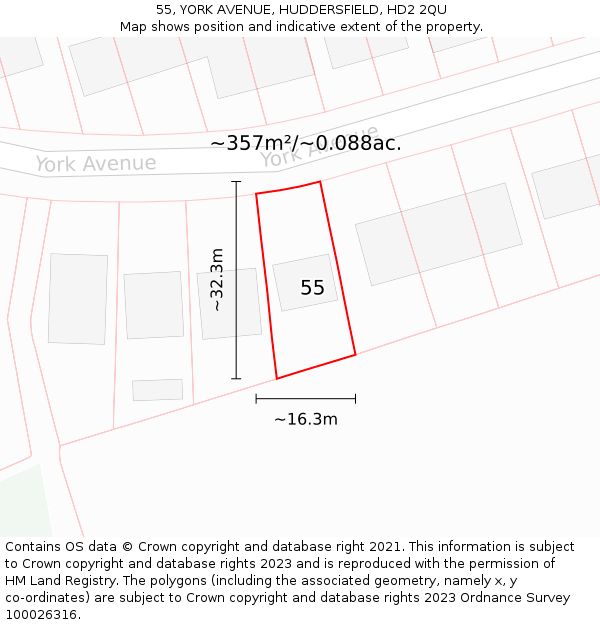 55, YORK AVENUE, HUDDERSFIELD, HD2 2QU: Plot and title map