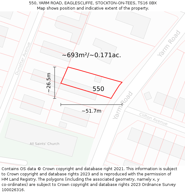 550, YARM ROAD, EAGLESCLIFFE, STOCKTON-ON-TEES, TS16 0BX: Plot and title map