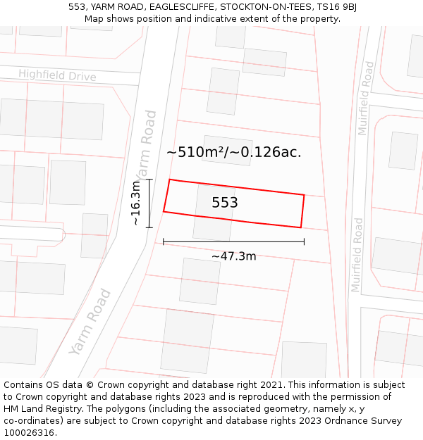 553, YARM ROAD, EAGLESCLIFFE, STOCKTON-ON-TEES, TS16 9BJ: Plot and title map